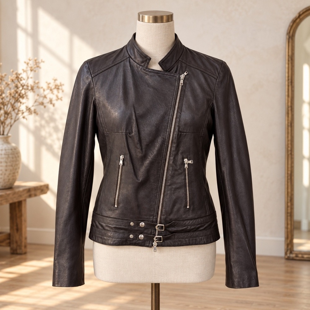 M&R Italian Leather Moto Jacket Fall IT 50 Brown Asymmetrical Zip Biker